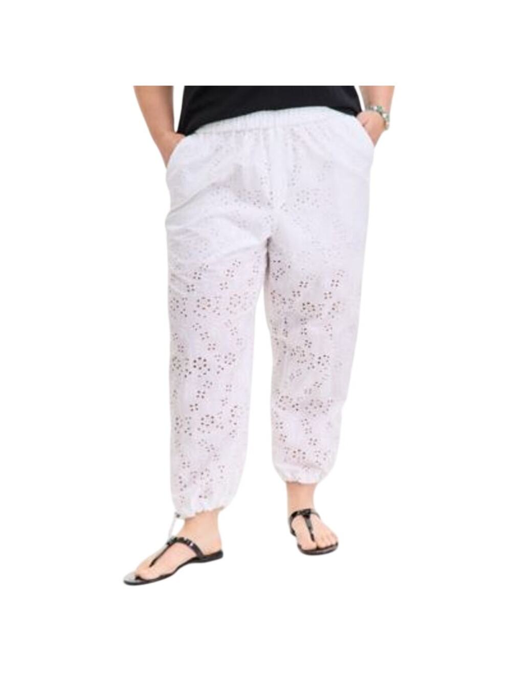 On 34th Trendy Plus Size Eyelet Jogger Pants in Bright White